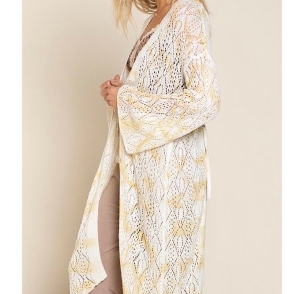 Pol Boho Sz Small Knit Cardigan Kimono in Cream and Gold Anthropologie Tie Back